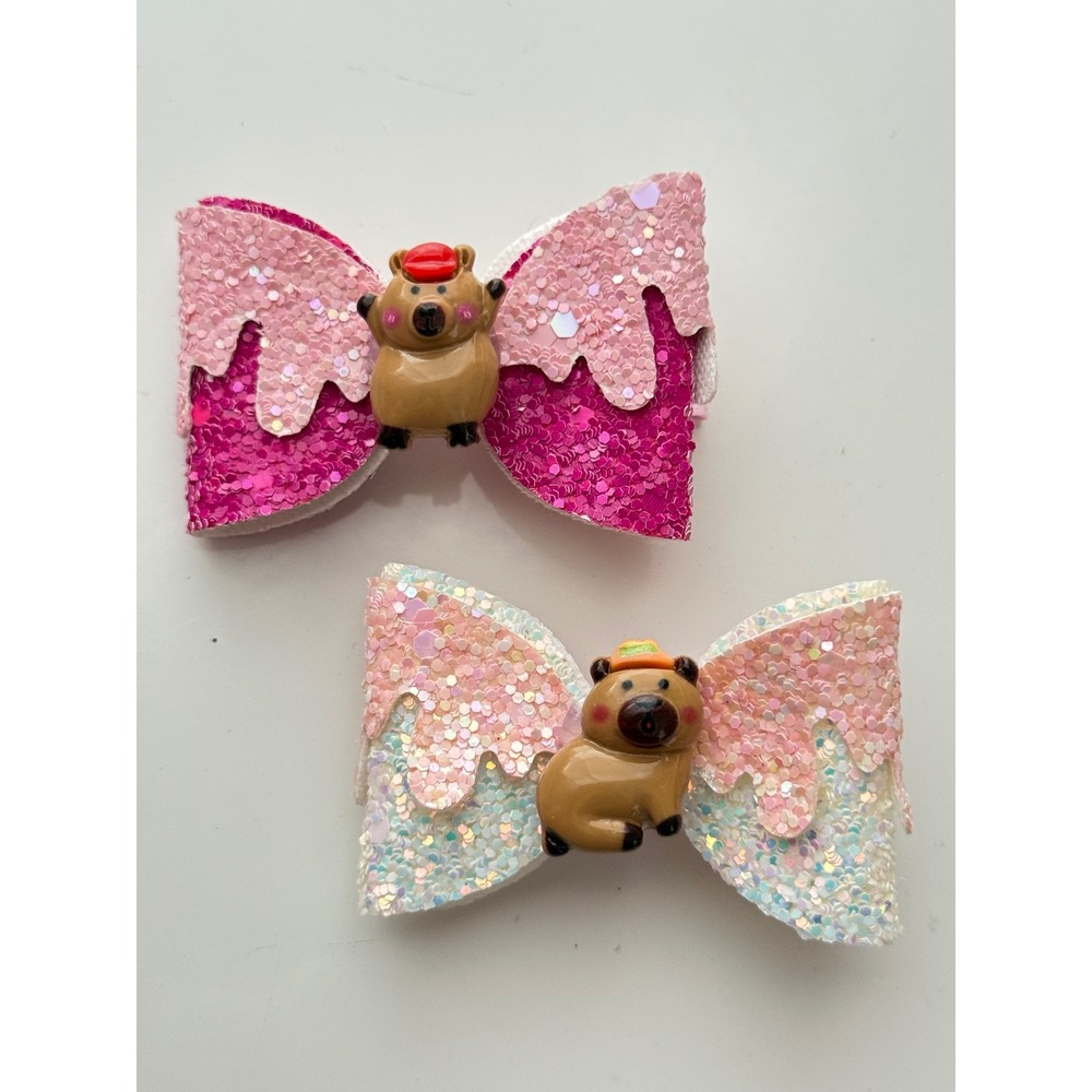 Klass Capybara Resin Glitter Hair Bows Set Pink Iridescent Alligator Clips 2pc